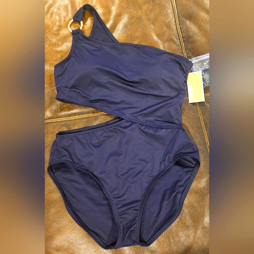 NWT MICHEAL Michael Kors One Shoulder Cut Out Swimsuit: Color- Navy: Size- 14